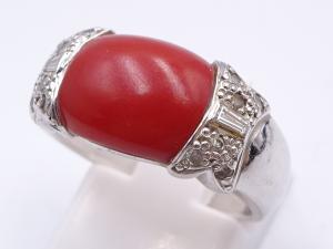 Pt900 珊瑚 ダイヤ 0.17ct リング 7.7g